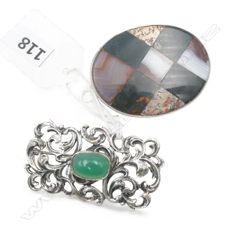 2 VINTAGE SILVER BROOCHES: Scottish agate & bloodstone panels + scrolls w chrysoprase cabochon Image 1++