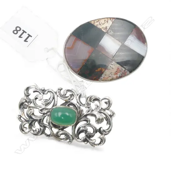 2 VINTAGE SILVER BROOCHES: Scottish agate & bloodstone panels + scrolls w chrysoprase cabochon