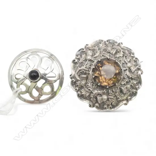 2 VINTAGE SCOTTISH SILVER BROOCHES: Thistles + entwined knot both gem set