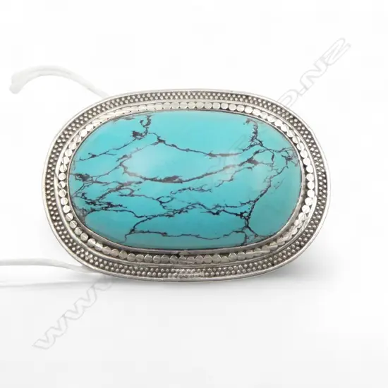 LARGE SILVER & TURQUOISE? OVAL BROOCH L.63mm