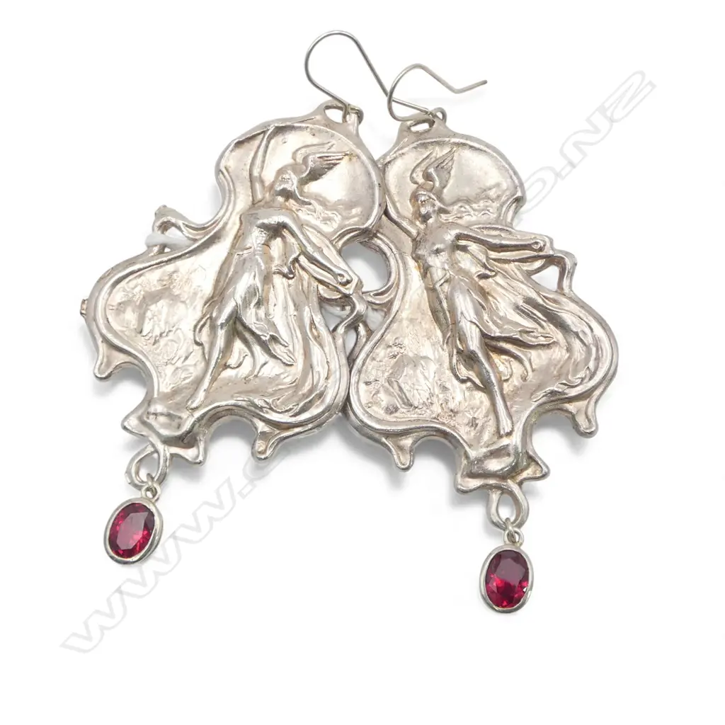 PR SILVER LARGE ART NOUVEAU STYLE EARRINGS w facetted red stone drops. 90x40mm. 28gms Image 1++