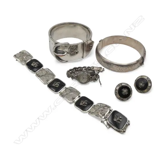 SILVER PLATED BUCKLE BANGLE, SILVER ENGRAVED BRACELET (damaged) & SILVER ONYX & MARCASITE BRACELET/PR EARRINGS