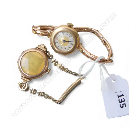 2 9ct GOLD ladies WRIST WATCHES. 1 w 9ct gold strap + 1 plated. 37gms total