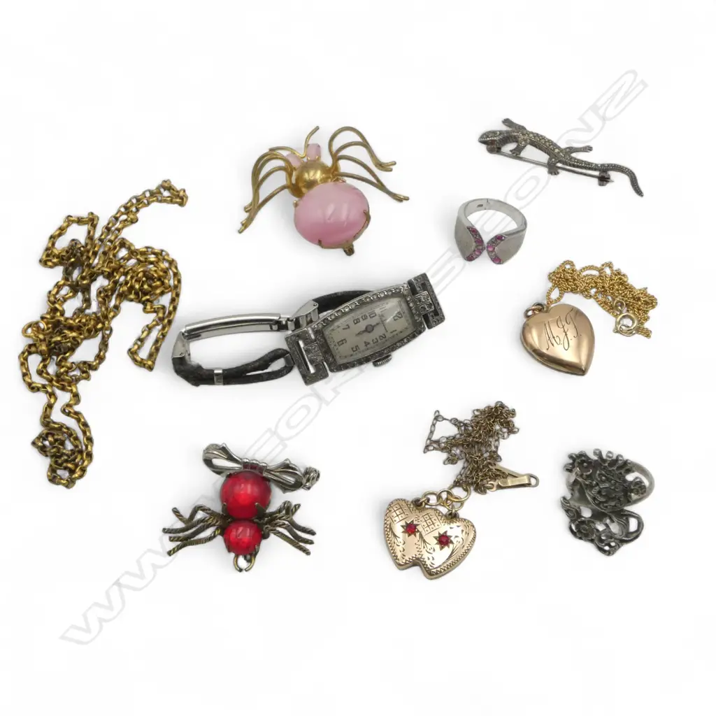 VINTAGE COSTUME JEWELLERY marcasite lizard + brooches + necklaces + watch etc Image 1++