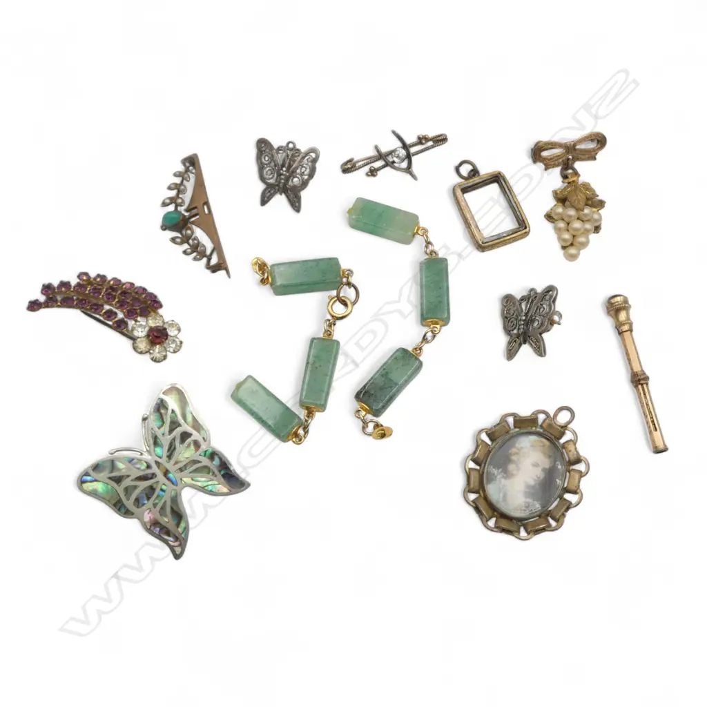 BAG OF JEWELLERY: silver & paua butterfly + brooches + propelling pencil etc bracelet a.f Image 1++