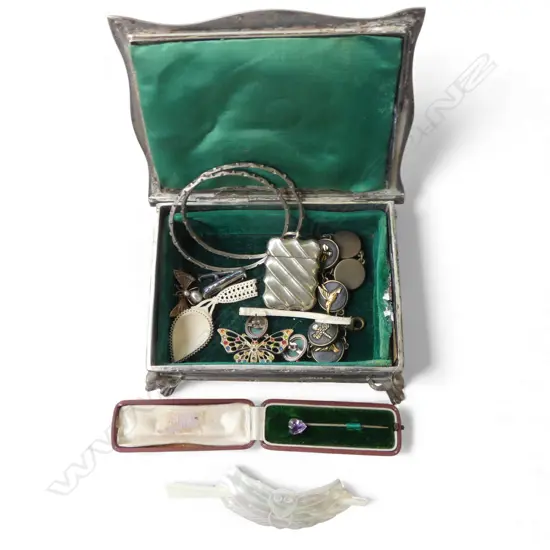 EARLY 20thC SILVER PLATE 'JEWELS' JEWELLERY BOX with jewellery: insect brooches + bangles + vesta etc