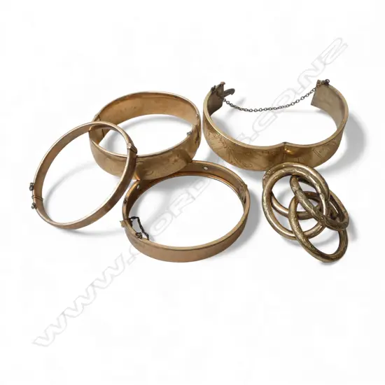 4 GOLD PLATED METAL CORE BRACELETS & BROOCH, 3 FAULTED