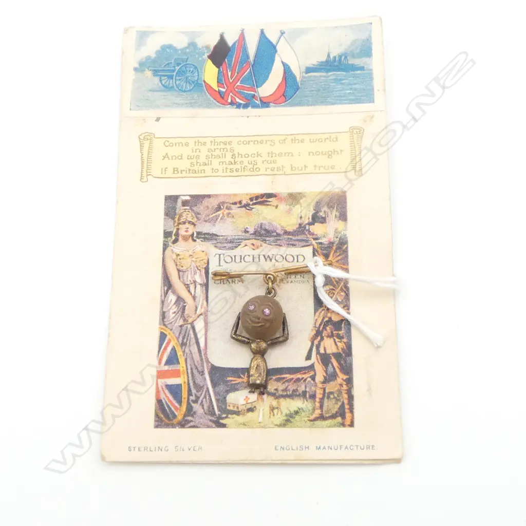 WWI ‘Touchwood’ Queen Alexandra lucky silver and wood charm with original printed card backing Image 1++
