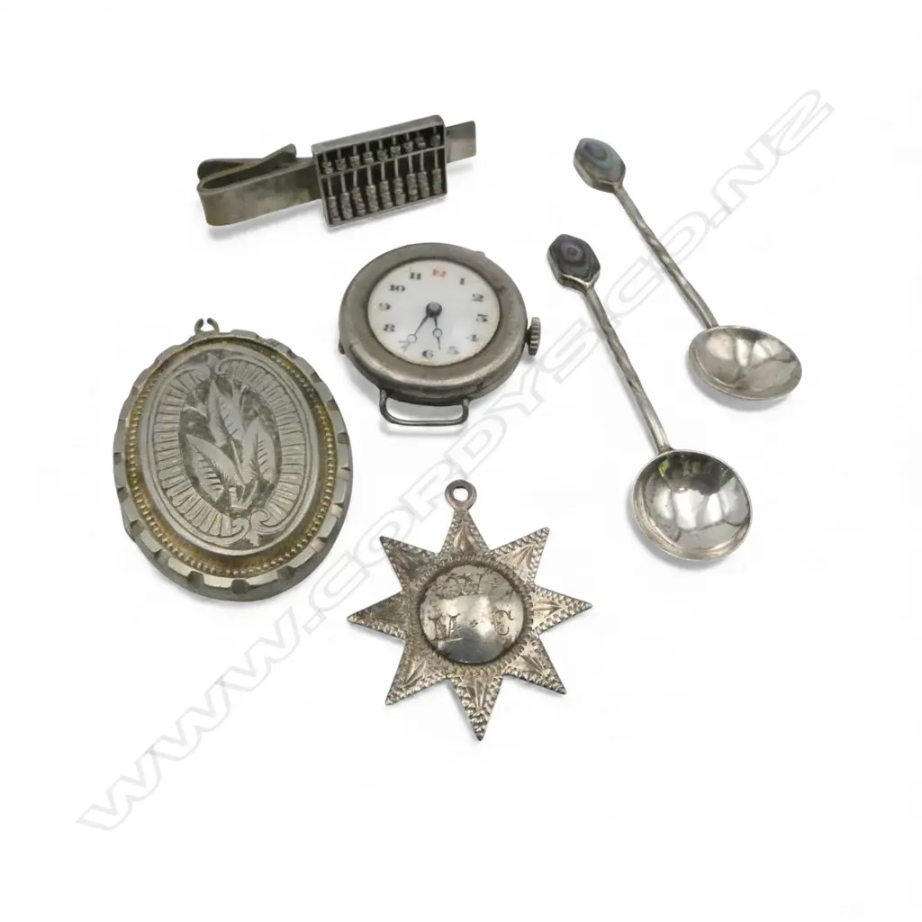 SILVER: locket + abacus tie slide + 2 NZ salt spoons + star medallion + 1920's ladies watch Image 1++