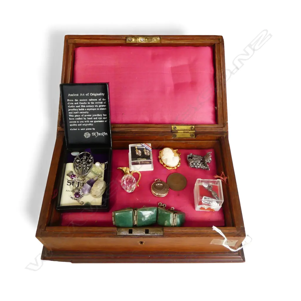 MARQUETRY JEWELLERY BOX w. ASST. COSTUME & STG SILVER JEWELLERY Image 1++