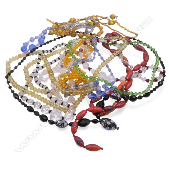 ASSORTED COLOURED BEAD NECKLACES: glass + crystal etc