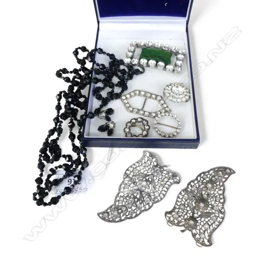 VINTAGE SHOE BUCKLES & BEADED VICT. MUFF CHAIN & EARRINGS