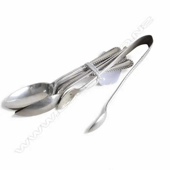 SET 6 EDWARDIAN SILVER TEA SPOONS + TONGS bead edge Sheffield 1904. 89gms