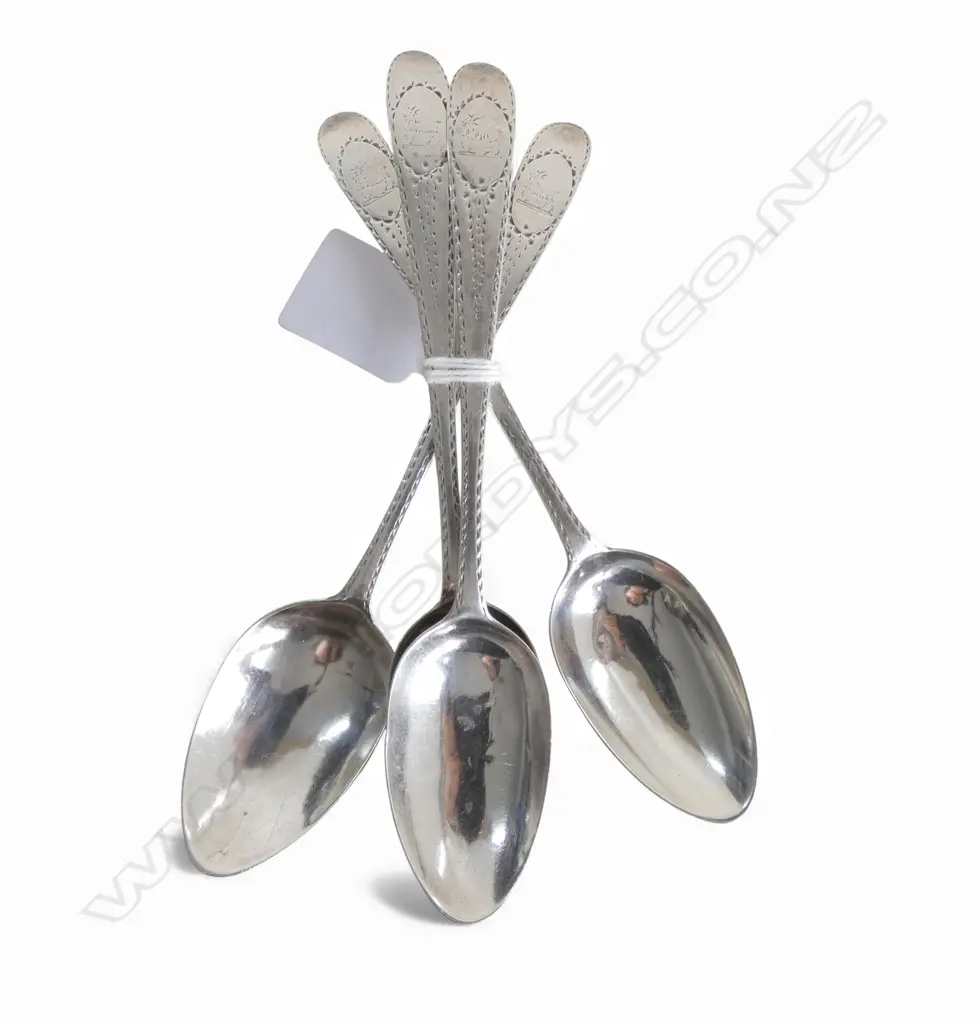 SET 4 GEORGE III IRISH SILVER TEA / DESSERT SPOONS bright cut. Bottom marked. Probably Dublin c.1780 by John Pittar. 96g Image 1++