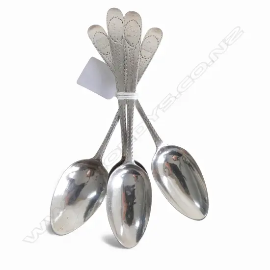 SET 4 GEORGE III IRISH SILVER TEA / DESSERT SPOONS bright cut. Bottom marked. Probably Dublin c.1780 by John Pittar. 96g