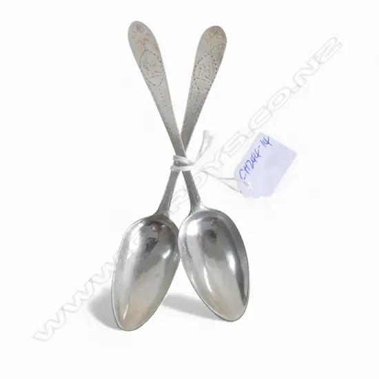 TWO GEORGE III SILVER PROVINCIAL MARKED DESSERT SPOONS bright cut 'MTG' + IP? 58gms