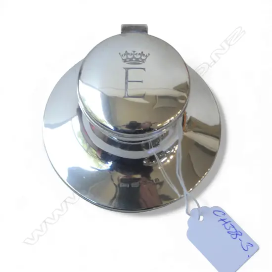 SILVER CAPSTAN INKWELL with Queen Elizabeth's Royal cypher. Gifted to a titled NZ Lady by QEII. Birmingham 1989