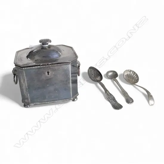 EARLY 20thC SILVER PLATE REGENCY STYLE TEA CADDY + 3 ASST SPOONS