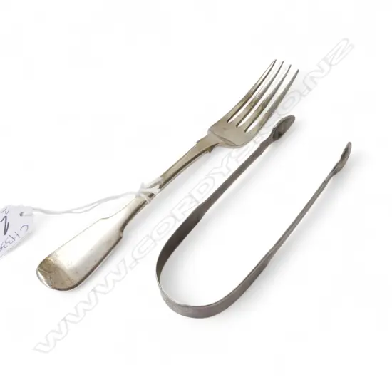 2 PCES GEORGIAN STG SILVER; TONGS & FORK 120gms