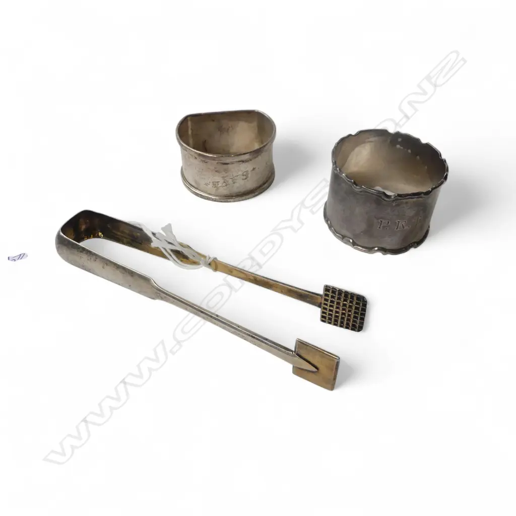 SWEDISH 1871 SILVER PR SUGAR TONGS 25gms + 2 STG SILVER NAPKIN RINGS 41gms Image 1++