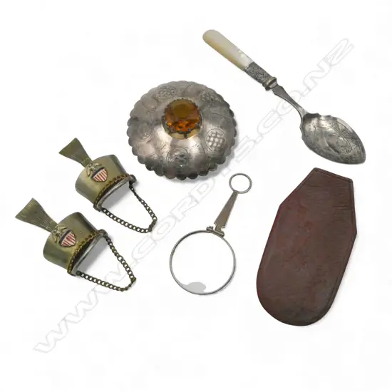 SILVER MONOCLE EYE GLASS cased + pr S/PLATE MILITARY HELMET BROOCHES + SCOTTISH LGE KILT cairngorm  BROOCH + spoon