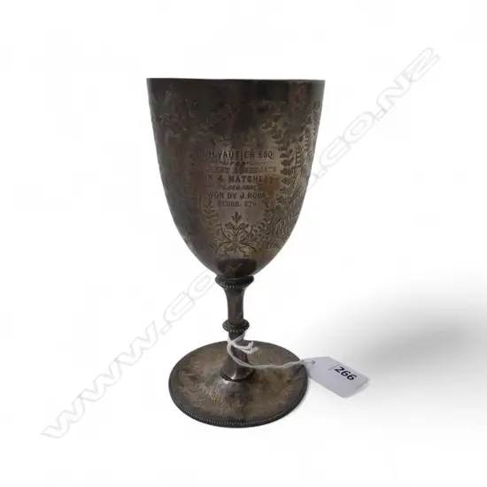VICTORIAN SILVER FERN LEAF ENGRAVED TROPHY CUP. H.155mm.   140gms