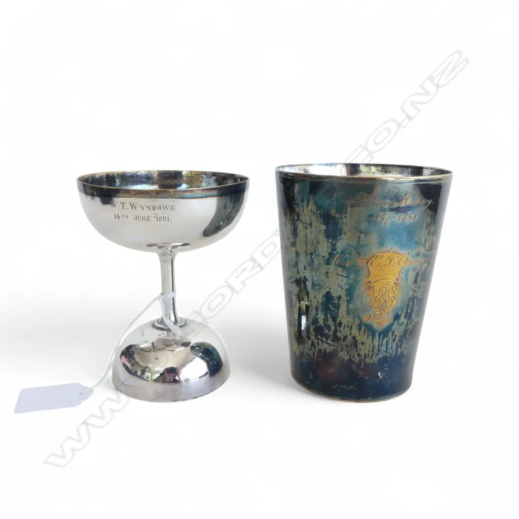 REGIMENTAL silver plate BEAKER 'Indian Mutiny 1857-1858' etc + double ended champagne cup 'W.T. WYNDOWE 14th June 1881' Image 1++