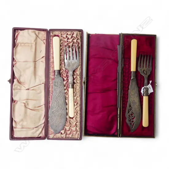 2 CASED FISH SETS both w. STG SILVER COLLARS & 'BONE' HANDLES