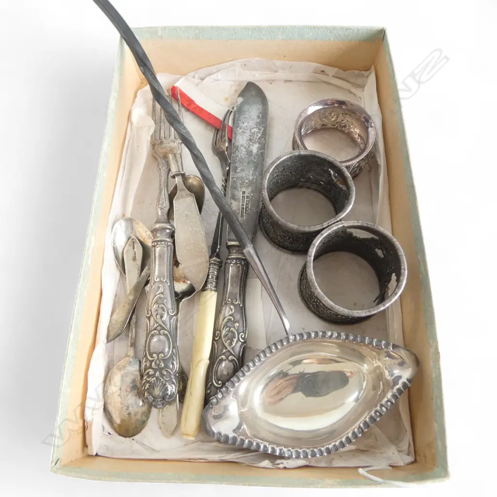 ASST. SILVER PLATE CUTLERY, NAPKIN RINGS + SILVER PLATE TODDY LADLE BALEEN HANDLE Image 1++