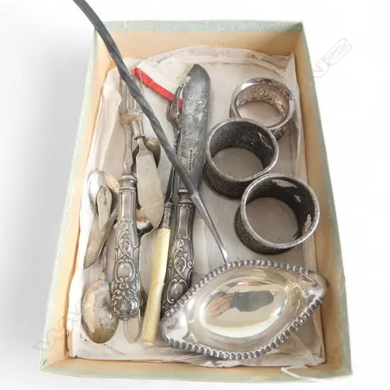 ASST. SILVER PLATE CUTLERY, NAPKIN RINGS + SILVER PLATE TODDY LADLE BALEEN HANDLE