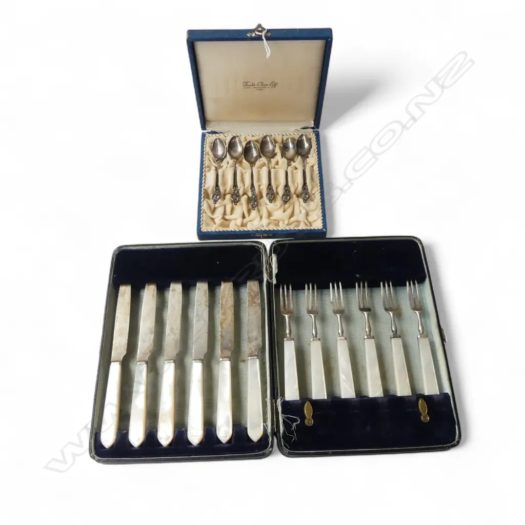 2 STG SILVER CUTLERY SETS; 6 TEASPOONS 50gms + 12 PCE MoP HANDLED FRUIT SET Image 1++