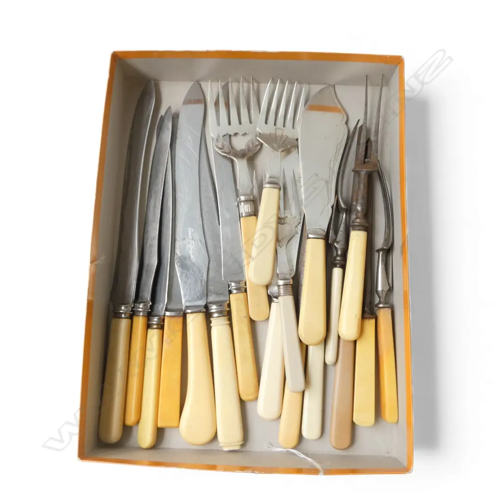 VINTAGE ‘BONE’ HANDLE CARVING KNIVES, FISH SERVERS ETC 19PCS Image 1++