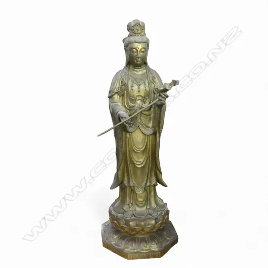 CHINESE HEAVY BRASS STANDING GUANYIN STATUE holding staff H.770mm