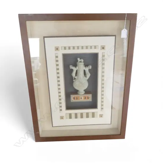 **RTV**CHINESE CARVED STONE LIDDED CENSER MOUNTED IN SHADOW BOX FRAME needs attention 610x470mm
