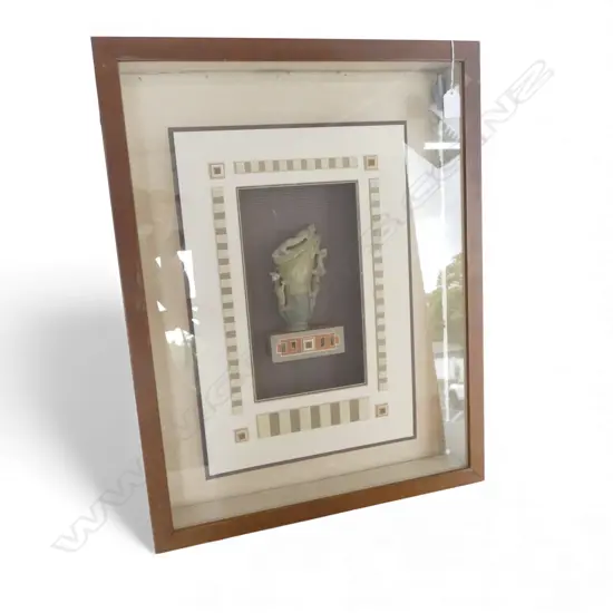 **RTV** CHINESE CARVED STONE LIDDED LIBATION CUP MOUNTED IN SHADOW BOX FRAME needs attention 610x470mm