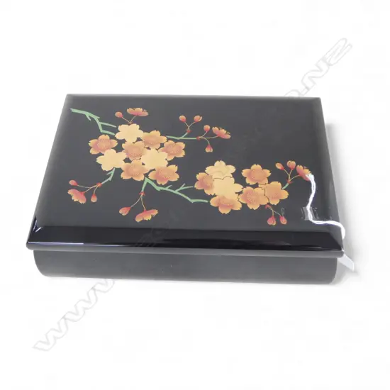JAPANESE SAKURA BLACK LACQUER MUSCIAL JEWELLERY BOX W.245mm AS NEW