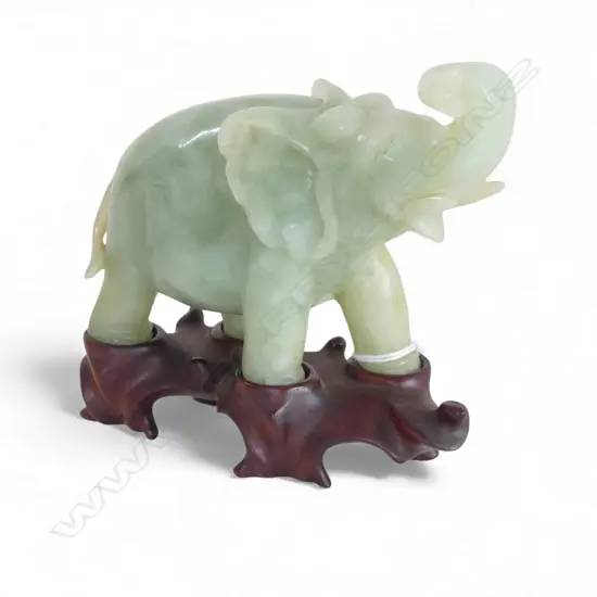 VINTAGE CHINESE CARVED JADE ELEPHANT  WITH RAISED TRUNK ON WOOD STAND H120MM