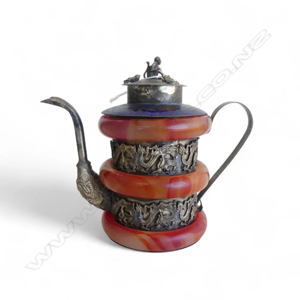 CHINESE TEAPOT white metal cloisonne & red banded H.120mm Image 1++
