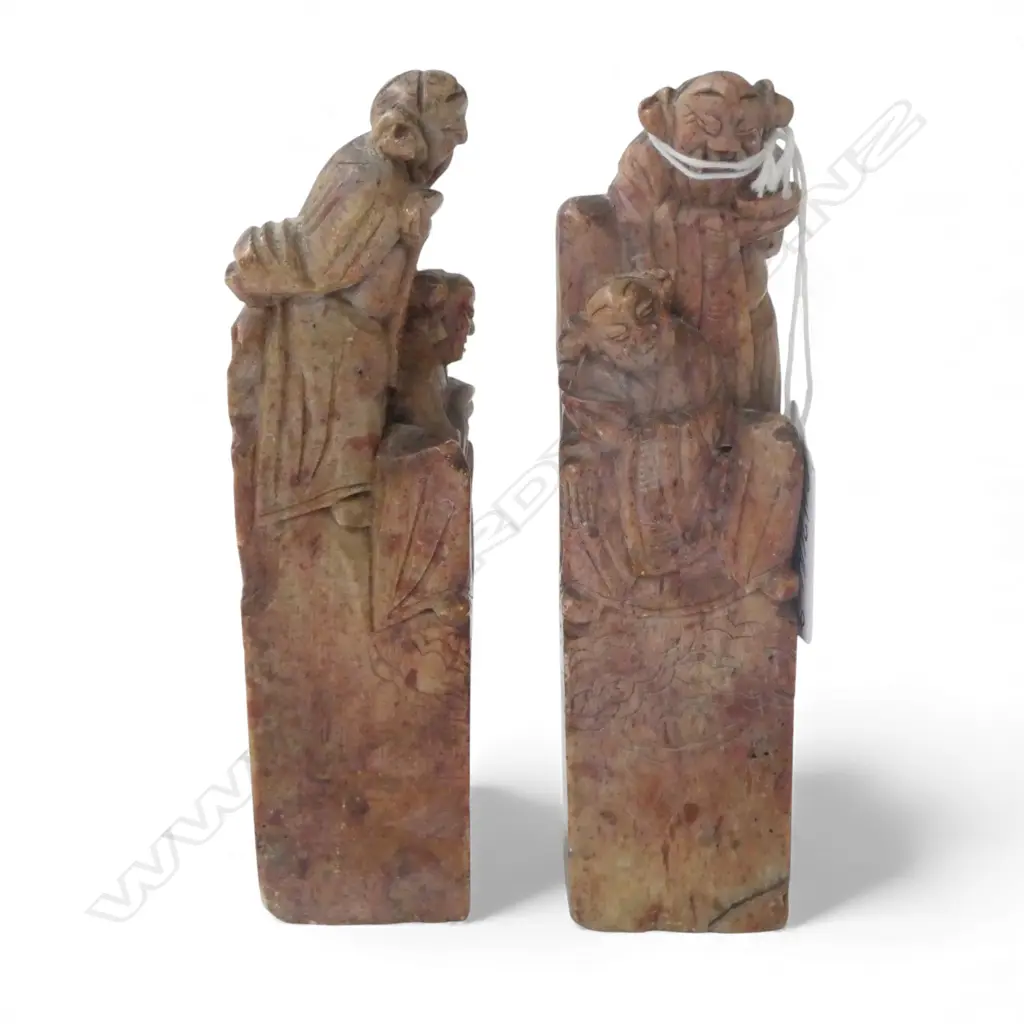 2 OLD CHINESE CARVED SOAPSTONE CHOP TYPE SCULPTURES with figures. Red toned. H.135mm Image 1++