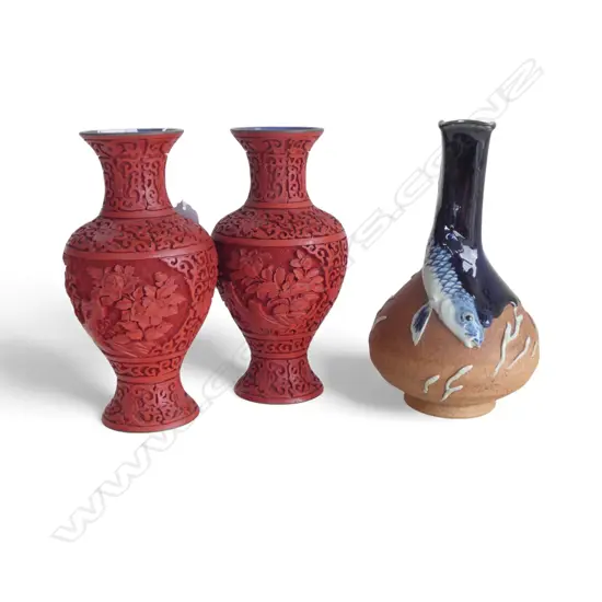 PR enamel CINNABAR STYLE VASE + SUMIDA GAWA VASE glazed koi decoration in bas relief
