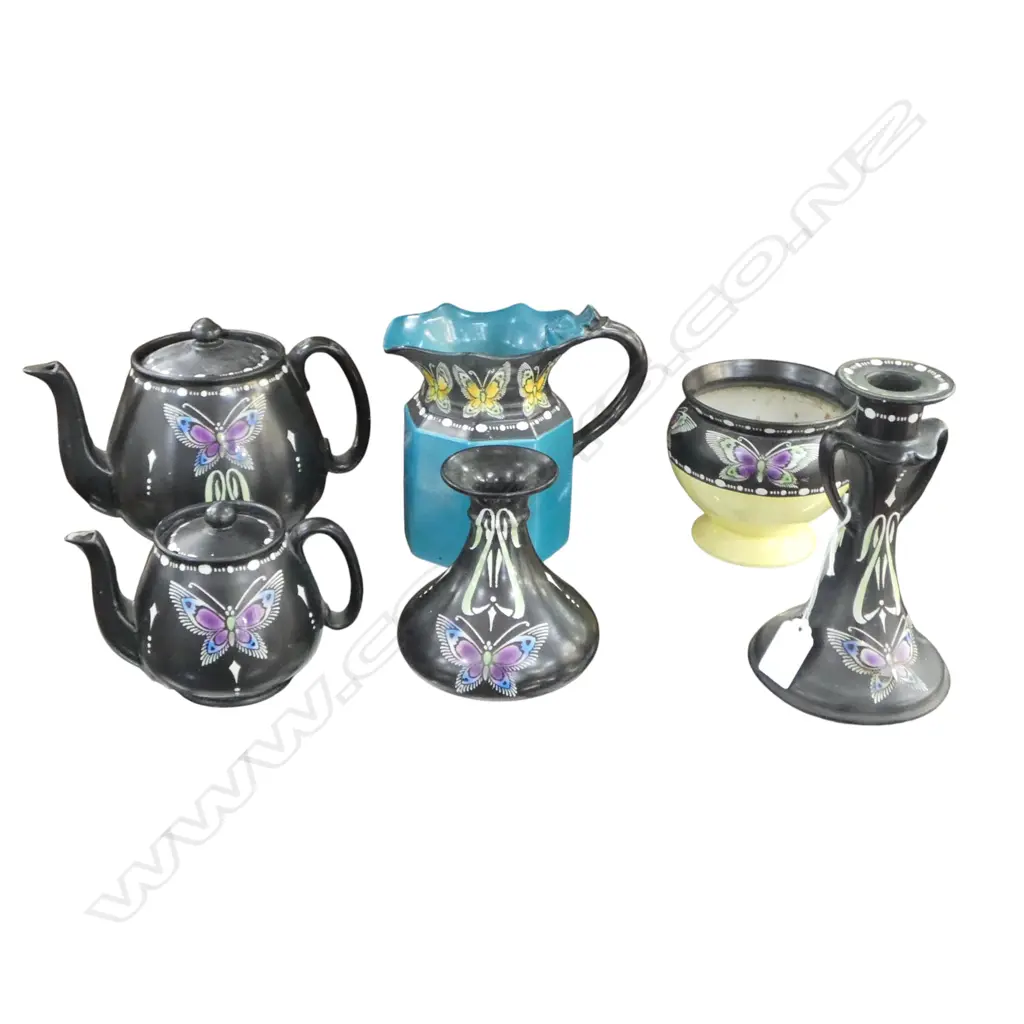 6PCS SHELLEY CHINA BLACK BUTTERFLY PAT 2 TEAPOTS 2 VASES JUG & CANDLESTICK H180MM Image 1++
