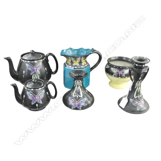 6PCS SHELLEY CHINA BLACK BUTTERFLY PAT 2 TEAPOTS 2 VASES JUG & CANDLESTICK H180MM