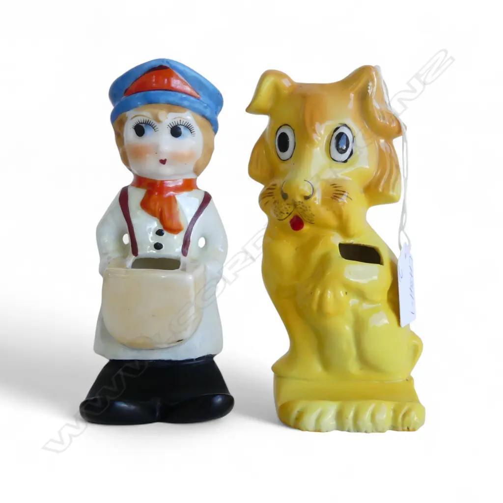 2 NOVELTY VINTAGE FLAT BACK TOOTH BRUSH HOLDERS: Dog w raised paw + Bus ? conductor. H's.150mm Image 1++