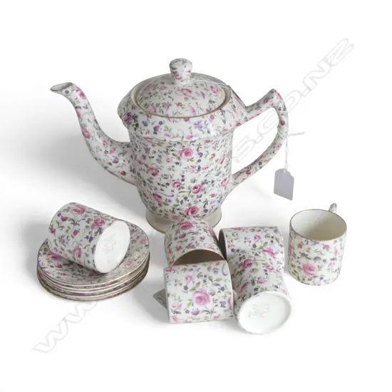 JAMES KENT 'CHELSEA ROSE' COFFEE POT & 6 C/S + 5 AYNSLEY CC/S
