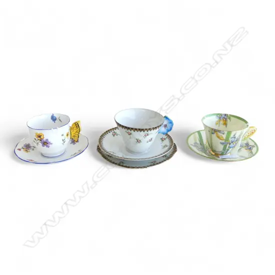 3 VINTAGE FANCY HANDLED CUPS & SAUCERS: 1 R/Albert w butterfly. 1 R/Doulton w iris + flower head w plate 
