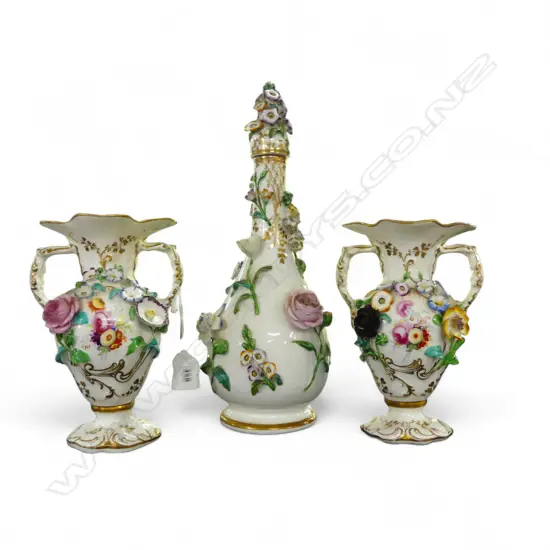 3 PCES ANTIQUE CHINA; PR VASES + LIDDED BOTTLE H.340mm faults