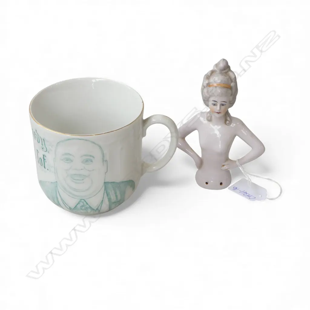 Early 20thC LGE MUG 'I am not greedy but I like a lot' + DECO LADY HALF DOLL for TEACOSY or PIN CUSHION Image 1++