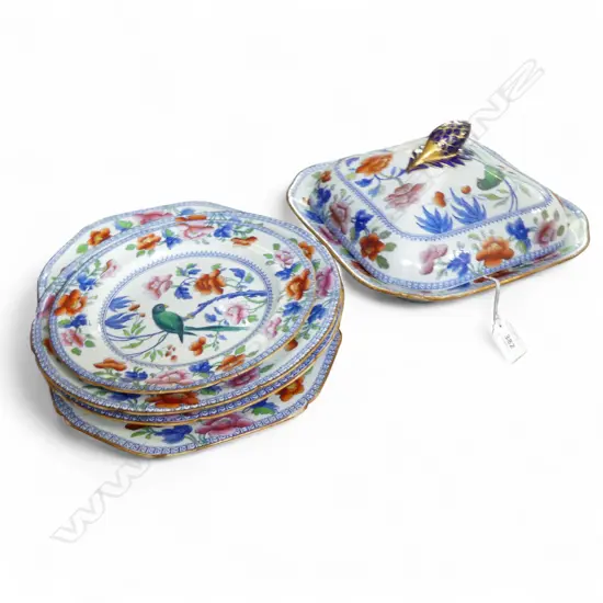 STONE CHINA PARROT FLORAL PAT.; TUREEN, 3 PLATES & DISH faults