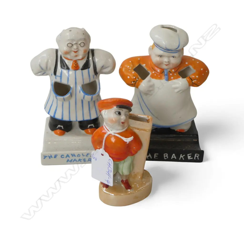 3 NOVELTY VINTAGE FLAT BACK TOOTH BRUSH HOLDERS: 'The Baker' H.130mm. 'The Candlestick Maker' & boy wearing cap  Image 1++