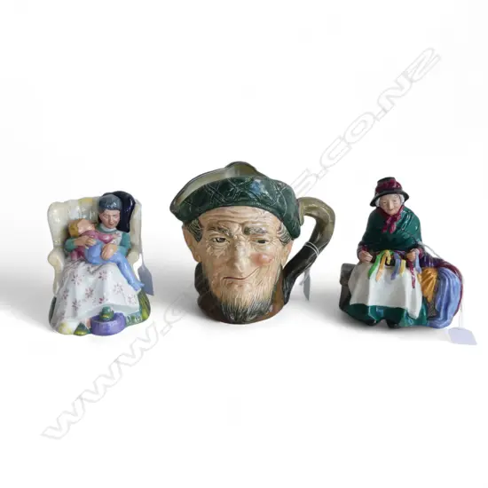 3 PCS ROYAL DOULTON; SWEET DREAMS, H.120mm, SILKS & RIBBONS & AULD MAC LRG TOBY JUG, H.150mm